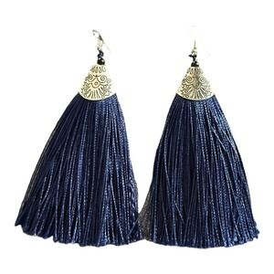 Long Funky Tassel Chandelier Silver Dangle Party Earrings Navy Fringe Fish hook